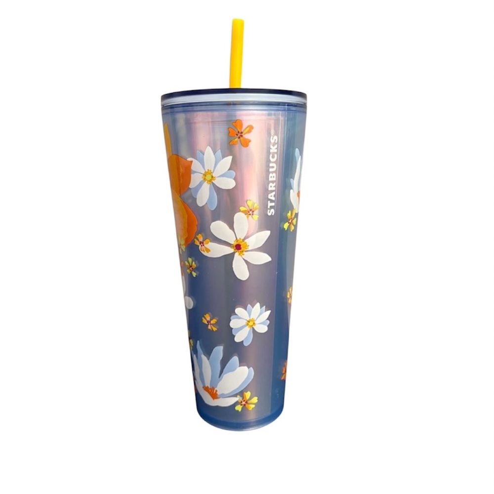 Starbucks Floral Blue Tumbler,‎ 24oz Venti with lime green straw